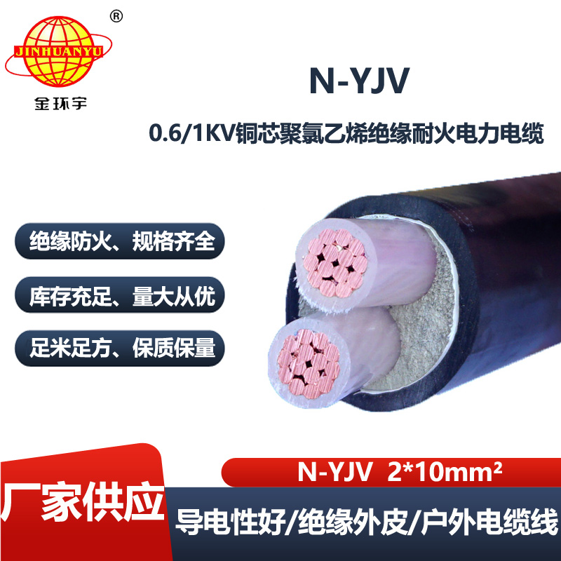 金环宇电缆 铜芯电缆N-YJV 2X10平方二芯 耐火架空电缆线