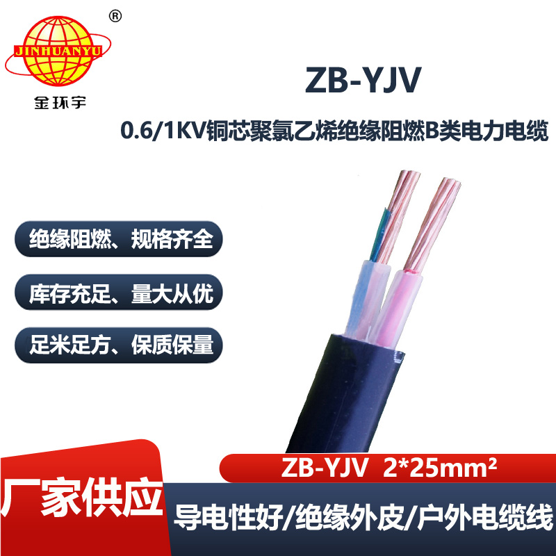 金环宇电线电缆 yjv电力电缆厂家 阻燃电缆ZB-YJV 2X25平方