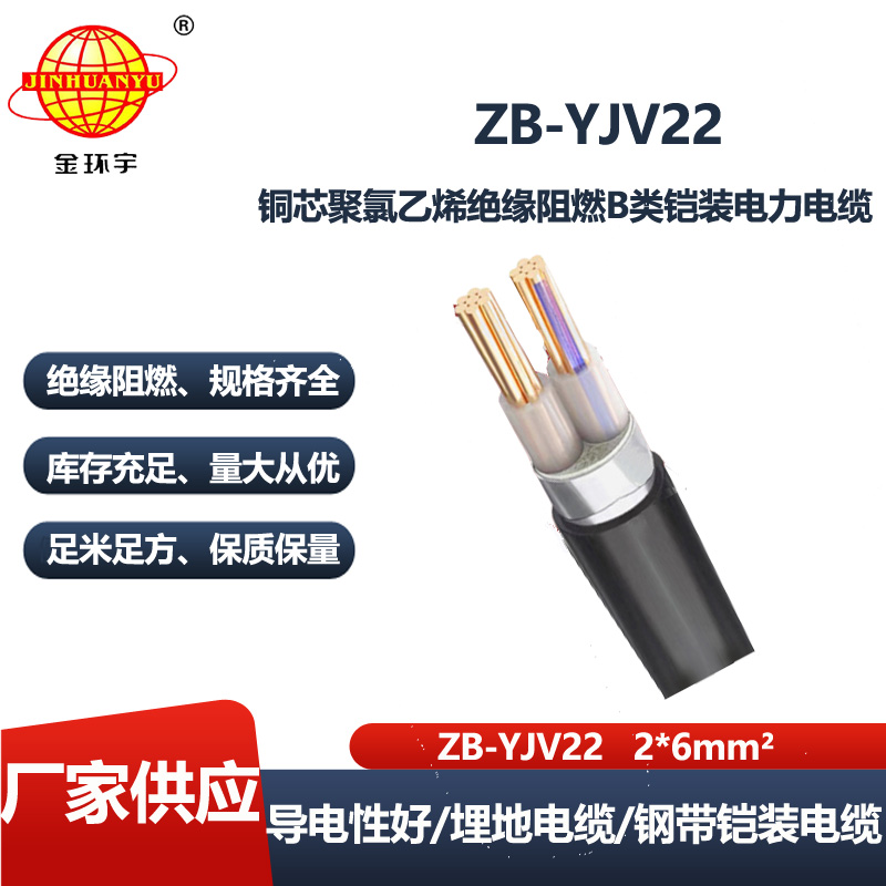 金环宇电线电缆 铜芯低压阻燃电缆ZB-YJV22-2X6平方铠装电缆